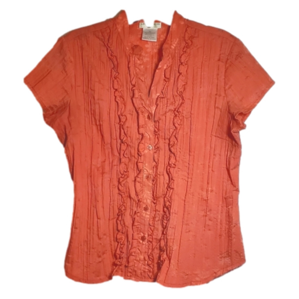 Laura Petites Small Lightweight Button Down Ruffle Fitted Top Orange